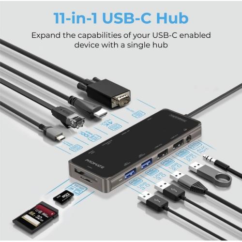 PROMATE PrimeHub-Pro 11 in 1 Ultra-Fast Multiport USB-C Hub with 100W Power Delivery