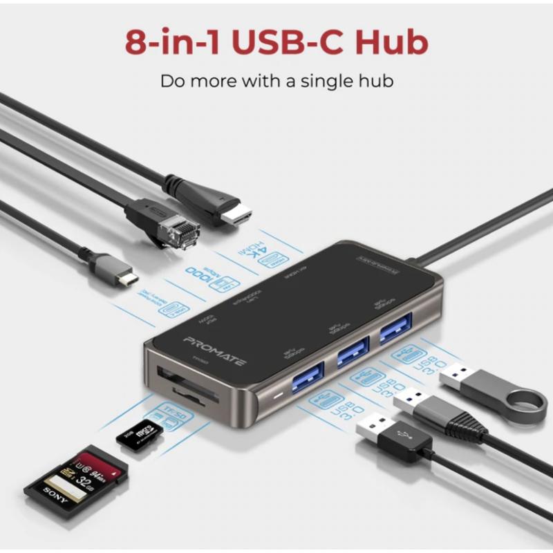 PROMATE PrimeHub-Mini Ultra-Compact 8 in 1 USB-C Hub with 100W Power Delivery