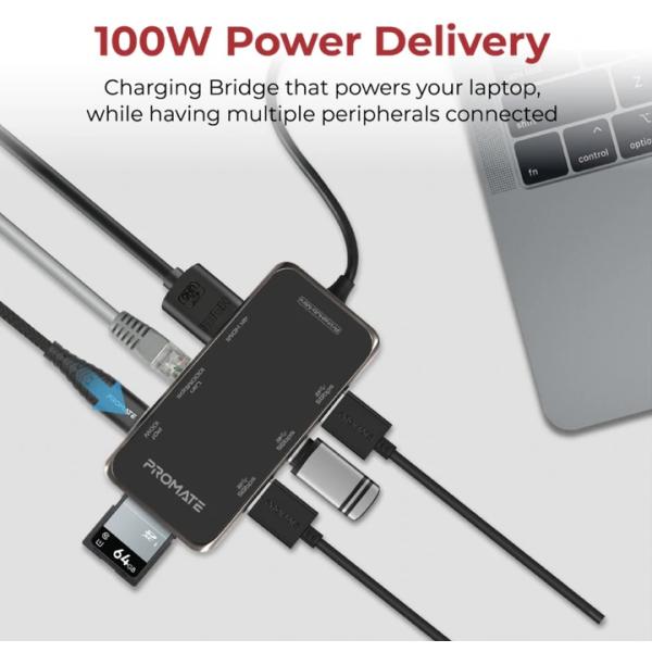 PROMATE PrimeHub-Mini Ultra-Compact 8 in 1 USB-C Hub with 100W Power Delivery