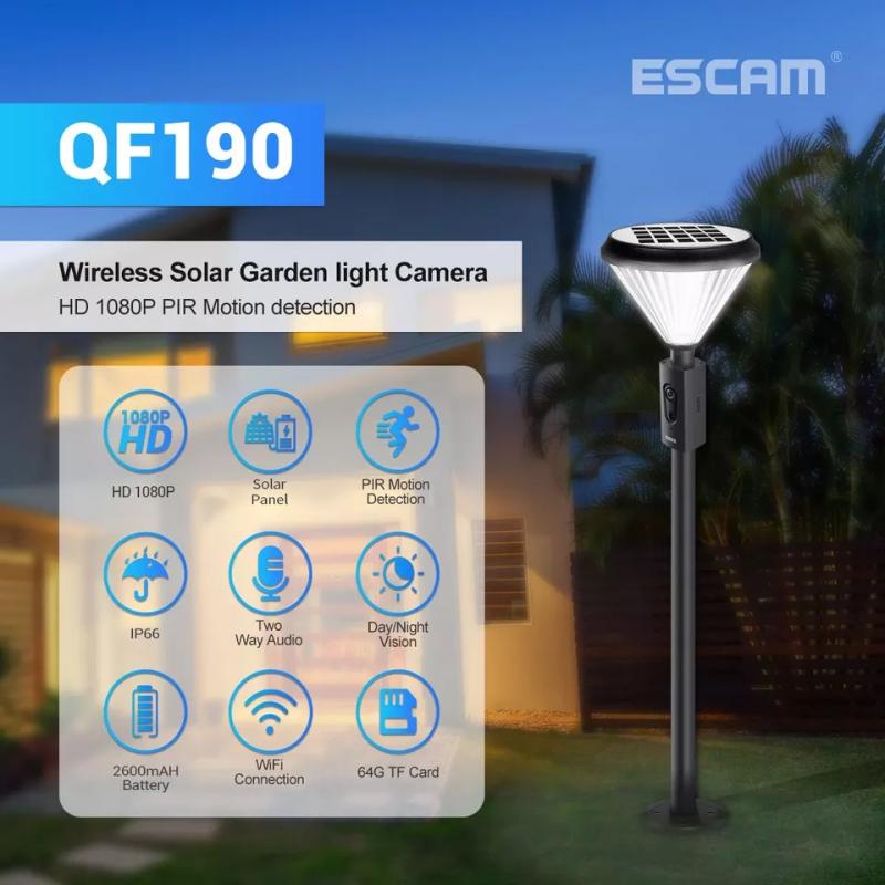 كاميرا مراقبة خارجية تعمل بالطاقة الشمسية ESCAM QF190 Wireless Solar Garden Camera HD 1080P PIR Motion detection