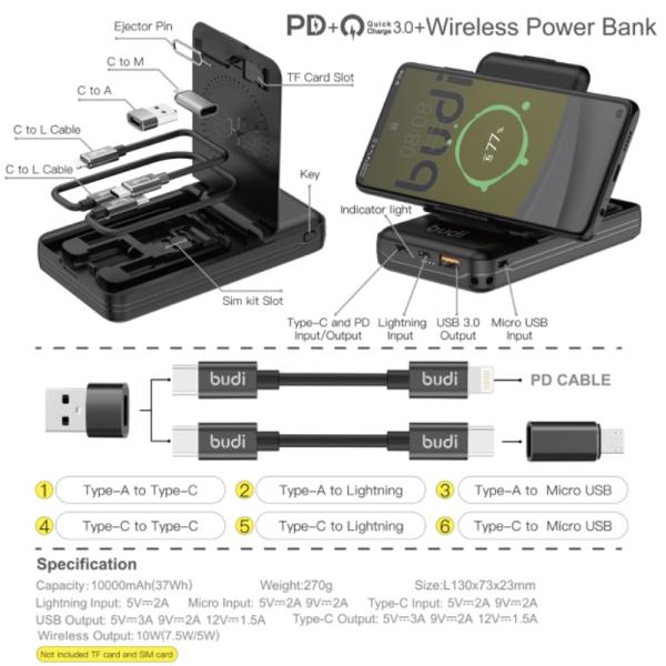 شاحن متنقل 10 الف ملي امبير 20 واط مع بوكس بخاصية الشحن اللاسلكي متعدد الوظائف BUDI Multi Functional Power Bank Box