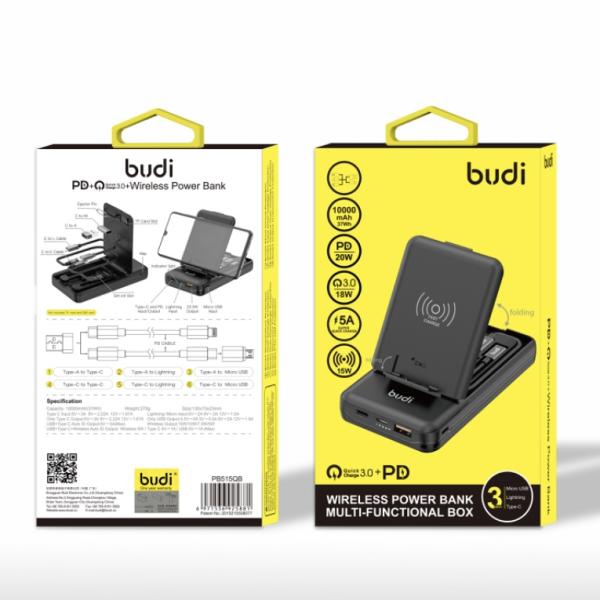 شاحن متنقل 10 الف ملي امبير 20 واط مع بوكس بخاصية الشحن اللاسلكي متعدد الوظائف BUDI Multi Functional Power Bank Box