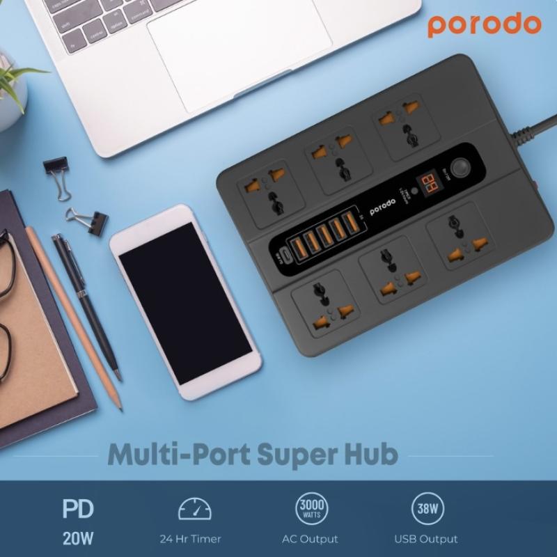 محول مع مؤقت و 6 منافذ كهرباء و 5 منافذ usb سريعة من Porodo