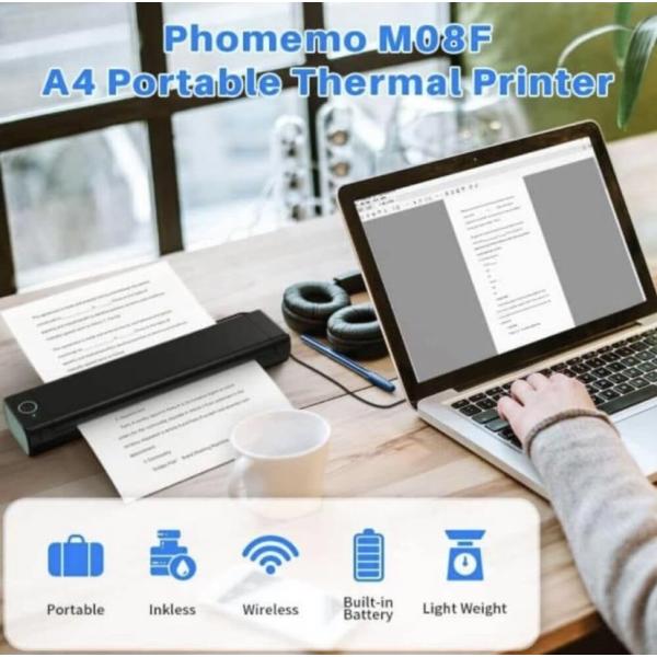 طابعة حرارية محمولة Phomemo M08F A4، تدعم الورق الحراري A4 مقاس 21.7 سم × 29.7 سم، طابعات السفر المحمولة اللاسلكية للسيارة والمكتب، طابعة بلوتوث متوافقة مع هواتف Android وiOS والكمبيوتر المحمول