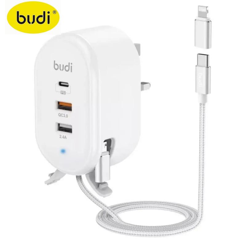 فيشة شحن جدارية مع كيبل USB-C و Lightning و Micro من budi