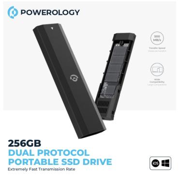 Powerology 256GB Dual Protocol Portable SSD Drive Extremely Fast Transmission Rate