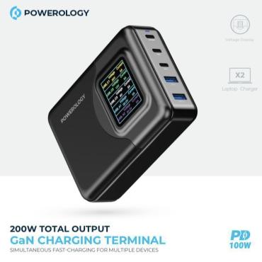 Powerology 200W Total Output GaN Charging Terminal With LED -Voltage Display