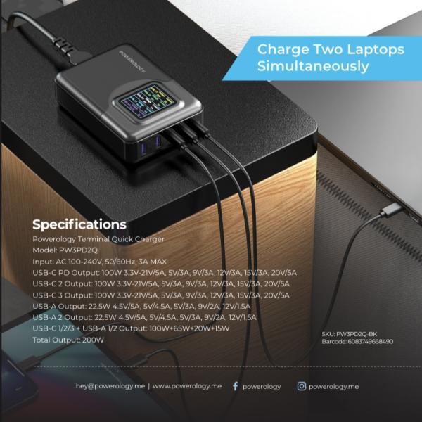 Powerology 200W Total Output GaN Charging Terminal With LED -Voltage Display