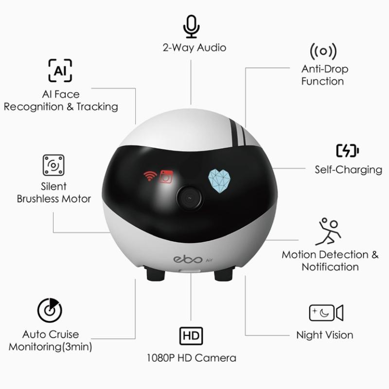 روبوت كاميرا المراقبة Enabot Ebo Remotely Movable Security Robot, Smart Pet Camera, Interactive Smart Robot, Pet Monitor, Security Camera, Petpal, Two Way Audio & WiFi Full HD & Full-Room View & Live Video (Ebo Air)