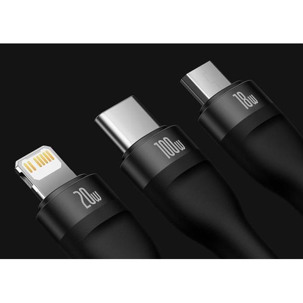 Baseus Cable Flash Series Two for three Data Charging Cabo USB+Type C to Micro USB +for Lightning+Tipo C Digital Cable 100w 1.2m