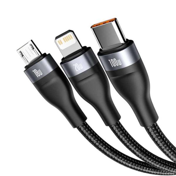 Baseus Cable Flash Series Two for three Data Charging Cabo USB+Type C to Micro USB +for Lightning+Tipo C Digital Cable 100w 1.2m