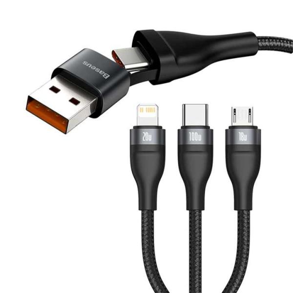 Baseus Cable Flash Series Two for three Data Charging Cabo USB+Type C to Micro USB +for Lightning+Tipo C Digital Cable 100w 1.2m