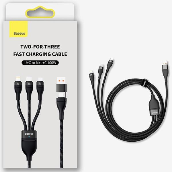 Baseus Cable Flash Series Two for three Data Charging Cabo USB+Type C to Micro USB +for Lightning+Tipo C Digital Cable 100w 1.2m