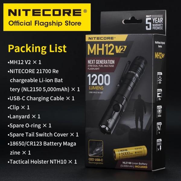 Nitecore MH12 V2 CREE XP-L2 V6 LED Flashlight -1200 Lumens -21700 Battery (Included) w/Eco-sensa USB charging cable