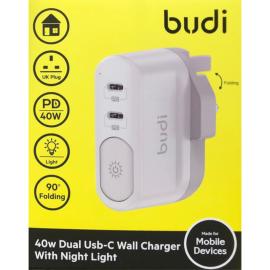 شاحن جداري budi 40W Dual Usb-C Wall Charger With Night Light