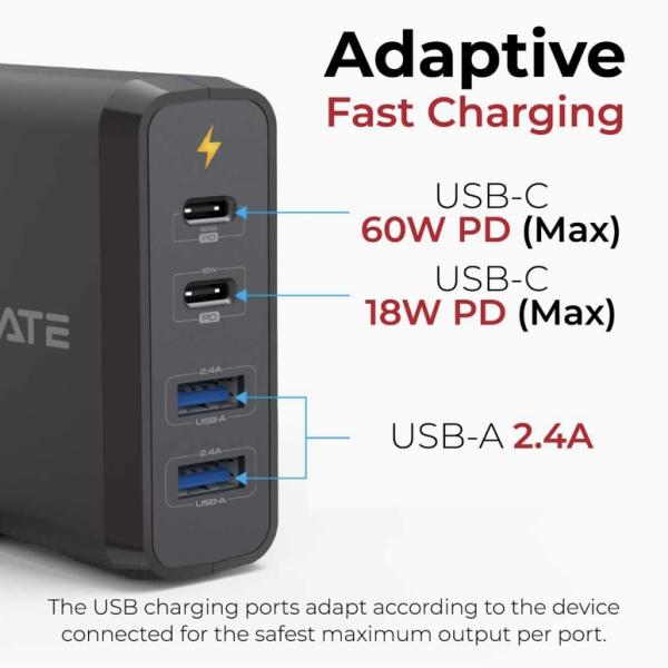 شاحن لاب توب بروميت USB-C ، شاحن حائط عالمي 4 منافذ مع توصيل طاقة 60 واط و 18 واط USB-C مع منفذ USB مزدوج 2.4A ومنظم الجهد الكهربي للايفون 12 ، 12 برو ، iPad Pro ، CenterPort-2PD75-UK