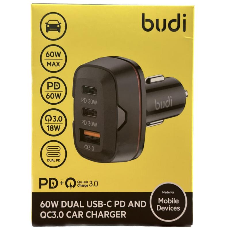 فيشة شحن للسيارة Budi 60 واط مزدوج USB0-C PD و QC3.O