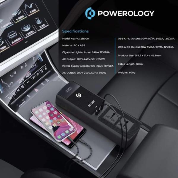 محول شحن للسيارة متعدد المنافذ ومخرج USB مزدوج بقوة 500 واط من POWEROLOGY