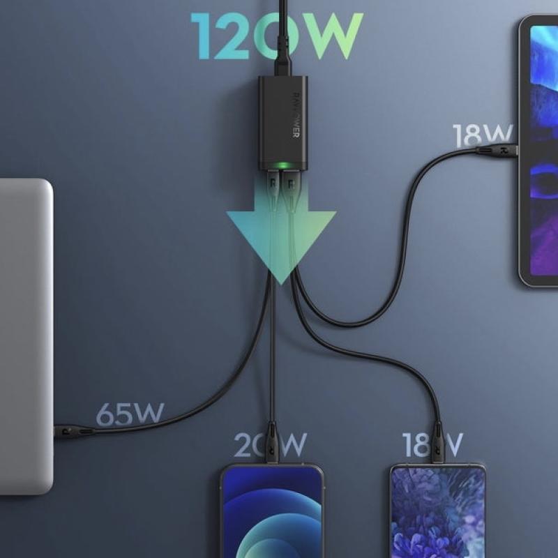 محول شحن لسطح المكتب بقوة 120 واط 4 منافذ وكيبل شحن USB TO USB من RAVPOWER