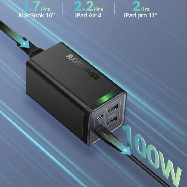 محول شحن لسطح المكتب بقوة 120 واط 4 منافذ وكيبل شحن USB TO USB من RAVPOWER